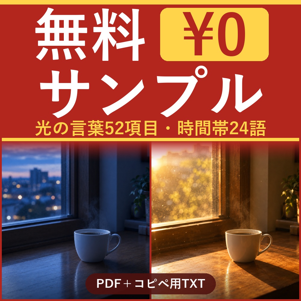 【無料】光と影のプロンプト辞典 サンプル版|AI画像の光の言葉48語+レシピ4本・時間帯24語まるごと ChatGPT/Midjourney/Stable Diffusion対応