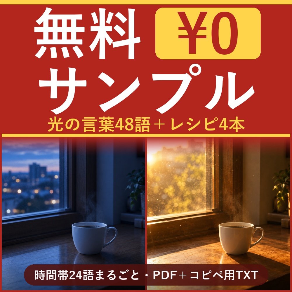 【無料】光と影のプロンプト辞典 サンプル版｜AI画像の光の言葉48語＋レシピ4本・時間帯24語まるごと ChatGPT/Midjourney/Stable Diffusion対応