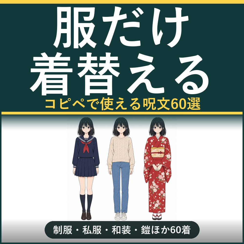 【服だけ着替える】AI画像生成プロンプト60選 衣装・服装差分編｜制服/私服/和装/鎧/職業制服など60着