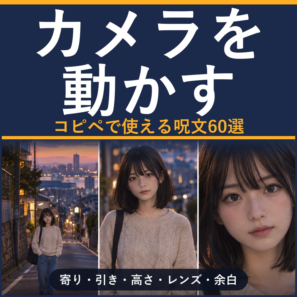 【カメラを動かす】AI画像生成プロンプト60選 構図・カメラアングル編｜寄り/引き/煽り/俯瞰/レンズ/余白など60本