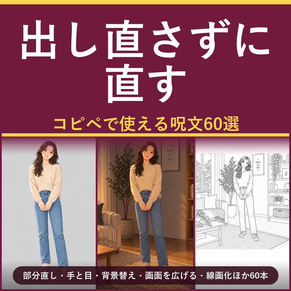 【出し直さずに直す】AI画像生成プロンプト60選 描き直し・修正編｜部分直し/手と目/背景替え/画面を広げる/線画化ほか60本