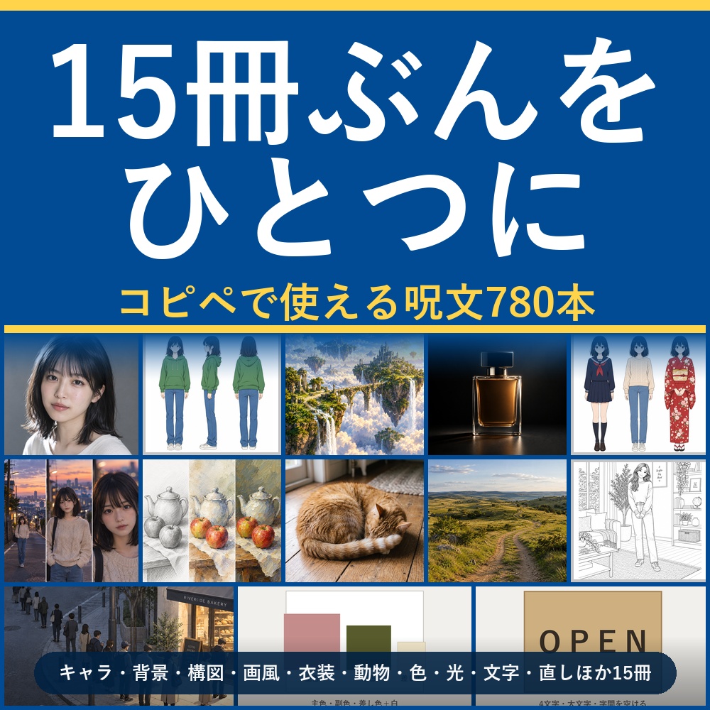 【15冊ぶんをひとつに】AI画像生成プロンプト780本＋光の言葉360語｜キャラ/背景/構図/画風/衣装/動物/色/文字/直し