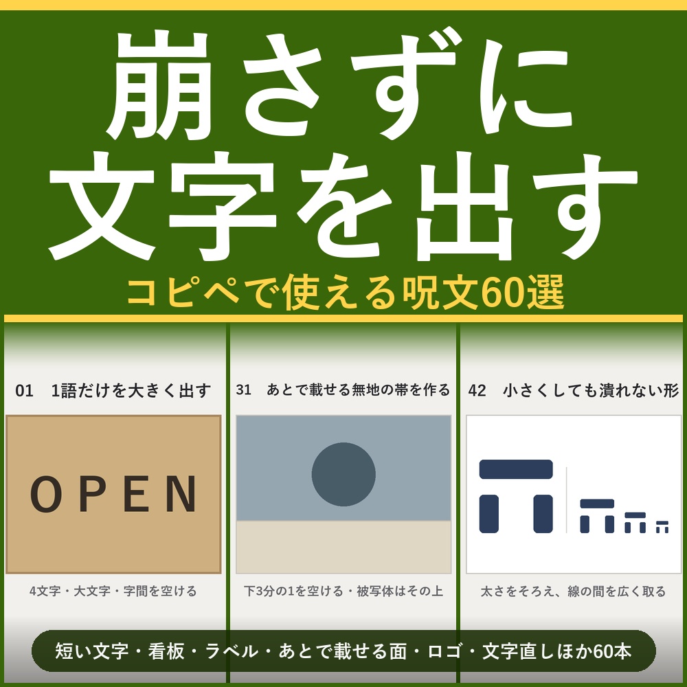 【崩さずに文字を出す】AI画像生成プロンプト60選 文字・ロゴ・看板編｜短い文字/看板/ラベル/載せる余白/ロゴほか60本