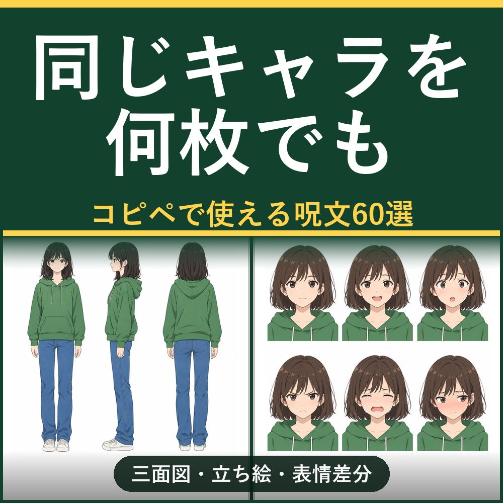 【作って、着替えて、場面に立たせる】AI画像生成プロンプト60選 キャラ3冊セット|キャラクター設定資料編+衣装・服装差分編+場面・シチュエーション編