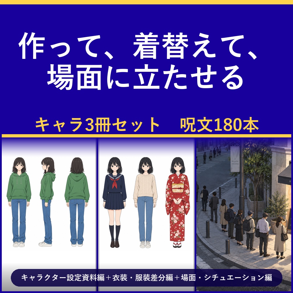 【作って、着替えて、場面に立たせる】AI画像生成プロンプト60選 キャラ3冊セット｜キャラクター設定資料編＋衣装・服装差分編＋場面・シチュエーション編