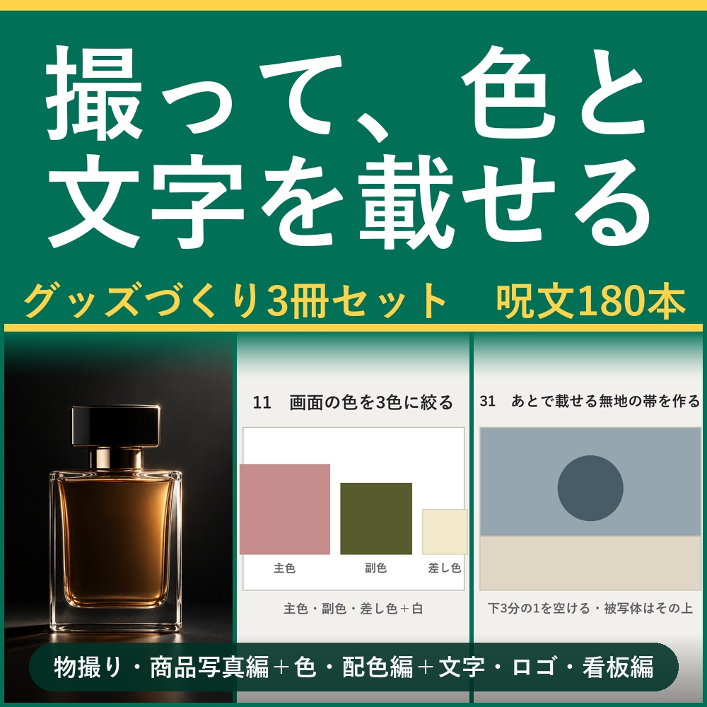 【撮って、色と文字を載せる】AI画像生成プロンプト60選 グッズづくり3冊セット｜物撮り・商品写真編＋色・配色編＋文字・ロゴ・看板編