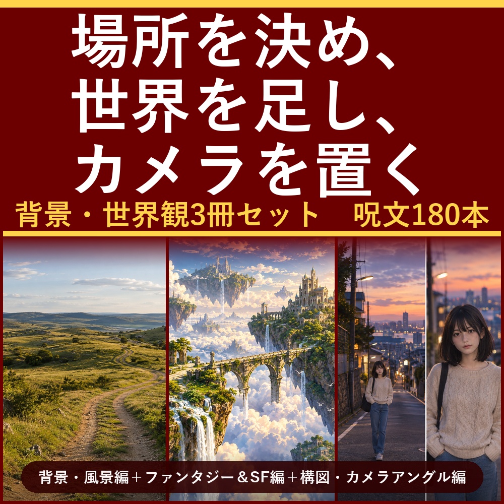 【場所を決め、世界を足し、カメラを置く】AI画像生成プロンプト60選 背景・世界観3冊セット|背景・風景編+ファンタジー&SF編+構図・カメラアングル編