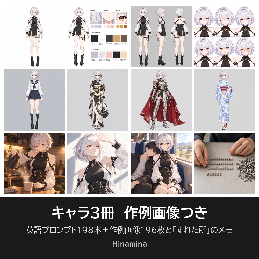 【作例画像つき】AI画像生成プロンプト キャラ3冊 プレミアム版｜英語プロンプト198本・作例196枚（同じキャラ169枚・設定資料・衣装差分・場面）