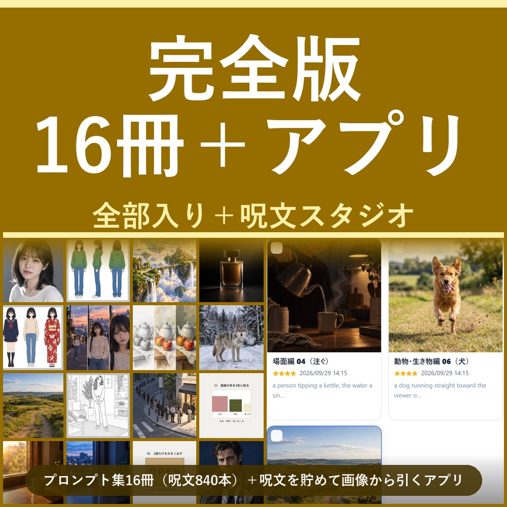 【全部入り16冊＋呪文スタジオ】AI画像生成プロンプト 完全版｜プロンプト840本＋光の言葉360語＋呪文を貯めて画像から引くアプリ