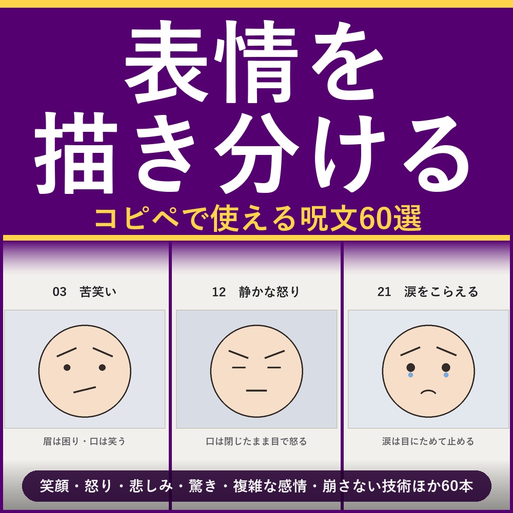 【顔の部品で書き分ける】AI画像生成プロンプト60選 表情・感情編｜笑顔のちがい/怒り/悲しみ/驚き/複雑な感情/崩さない技術