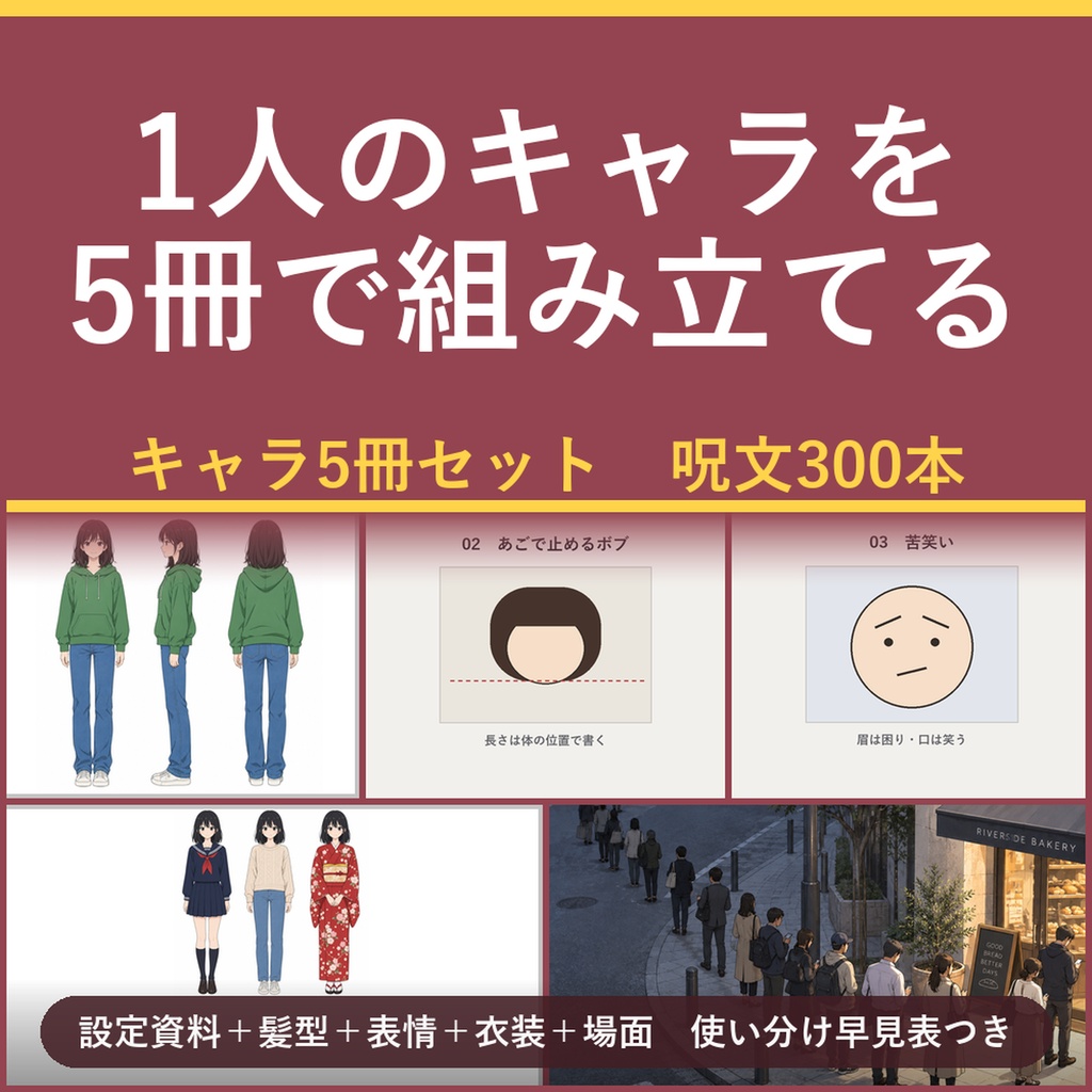 【1人のキャラを5冊で組み立てる】AI画像生成プロンプト60選 キャラ5冊セット|設定資料・髪型・表情・衣装・場面+使い分け早見表