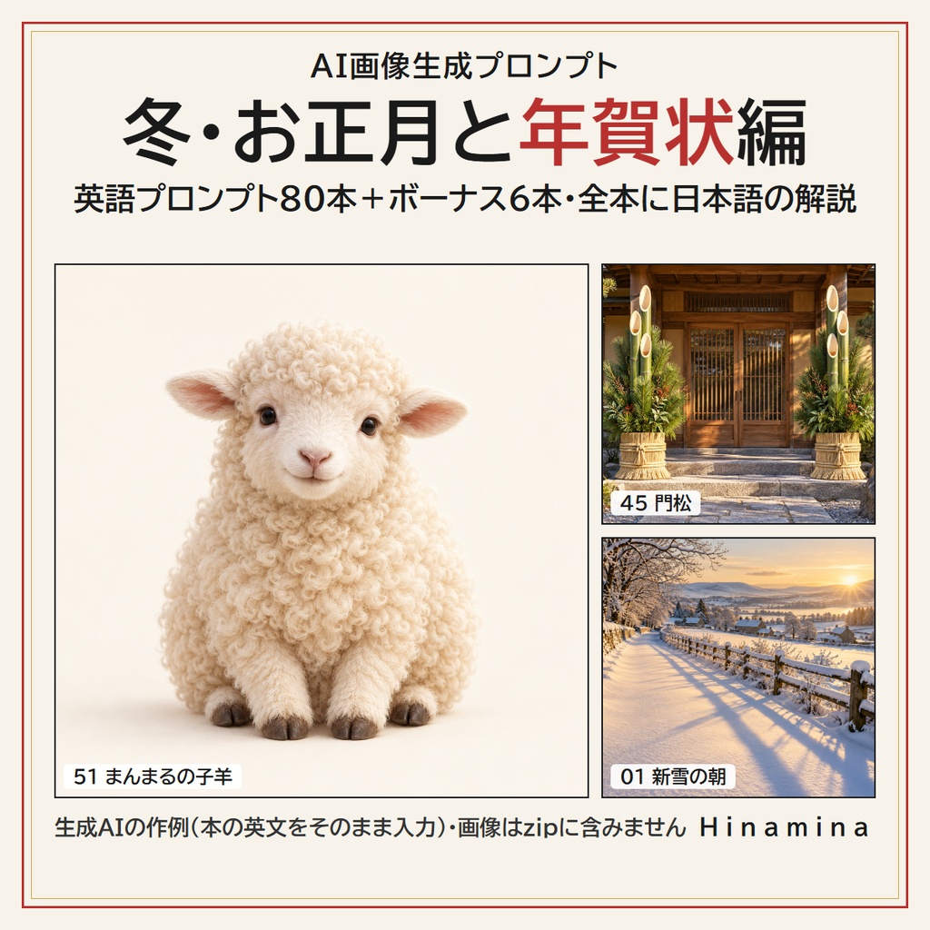 【2027年 未年の年賀状にも】AI画像生成プロンプト 冬・お正月と年賀状編｜英語80本＋ボーナス6本 雪景色/クリスマス/年越し/門松・鏡餅/羊のイラスト/年賀状の余白