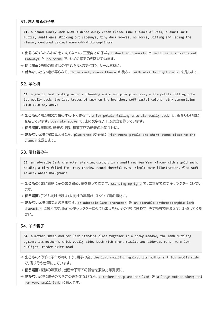 【2027年 未年の年賀状にも】AI画像生成プロンプト 冬・お正月と年賀状編|英語80本+ボーナス6本 雪景色/クリスマス/年越し/門松・鏡餅/羊のイラスト/年賀状の余白