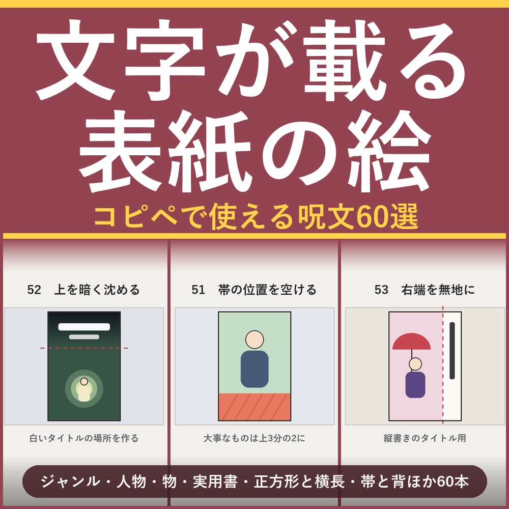 【文字が載る場所から逆算】AI画像生成プロンプト60選 表紙・カバーイラスト編｜小説/同人誌/実用書/音楽ジャケット/帯と背/縮小表示