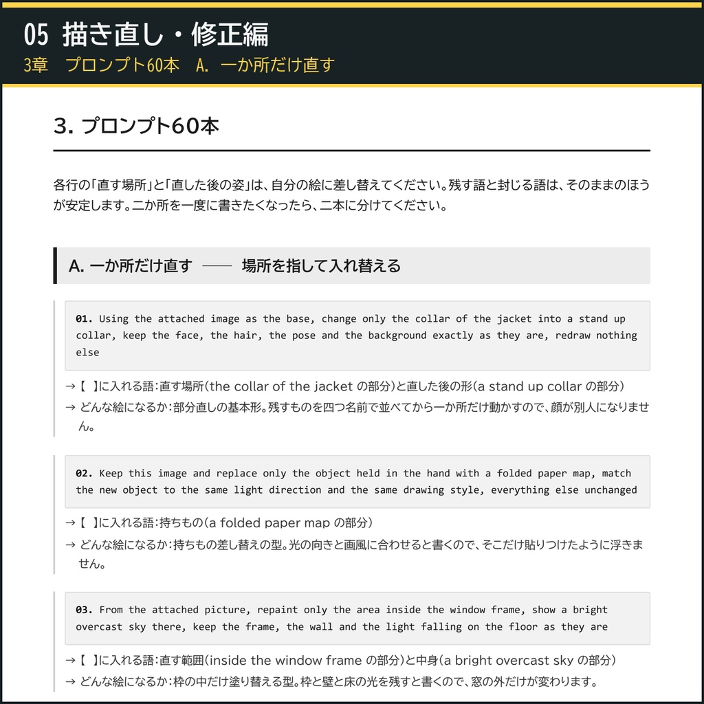 【絵柄をそろえ、中身と表紙を作る】AI画像生成プロンプト60選 本づくり5冊セット|画風+漫画コマ+表紙カバー+文字ロゴ+描き直し+工程表