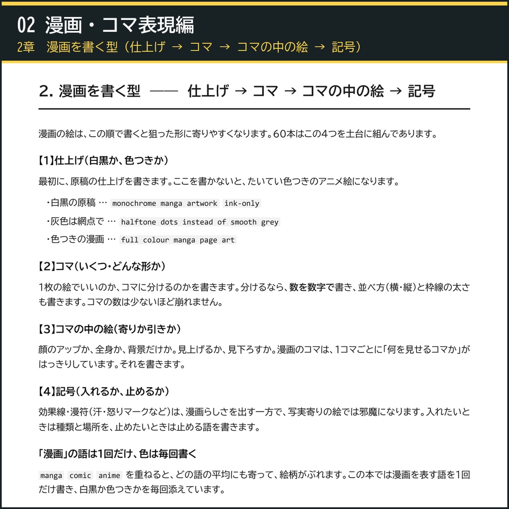 【絵柄をそろえ、中身と表紙を作る】AI画像生成プロンプト60選 本づくり5冊セット|画風+漫画コマ+表紙カバー+文字ロゴ+描き直し+工程表