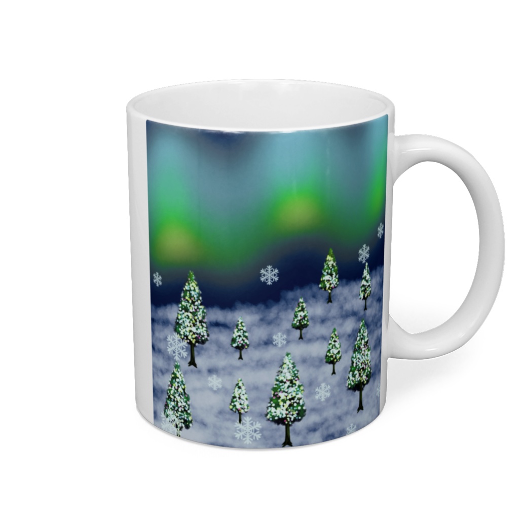 オーロラ輝く雪の夜空のイルミネーションツリー