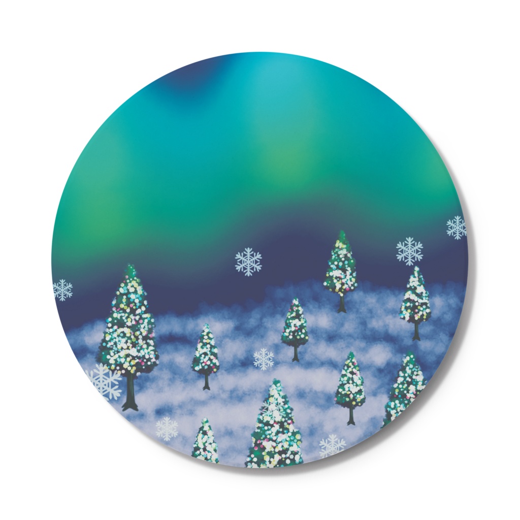 オーロラ輝く雪の夜空のイルミネーションツリー