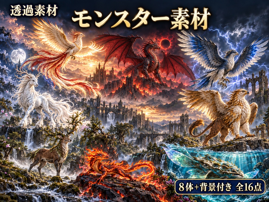 TRPG向けモンスター素材 8体セット|透過PNG+背景付き完成絵・全16点