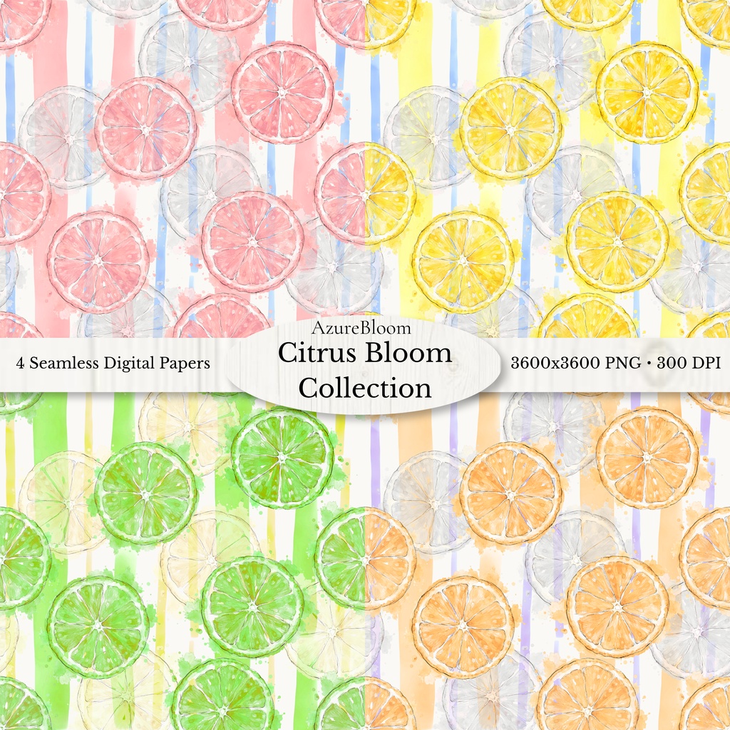 Citrus Bloom Collection 水彩デジタルペーパー 4データセット(3600px・PNG)