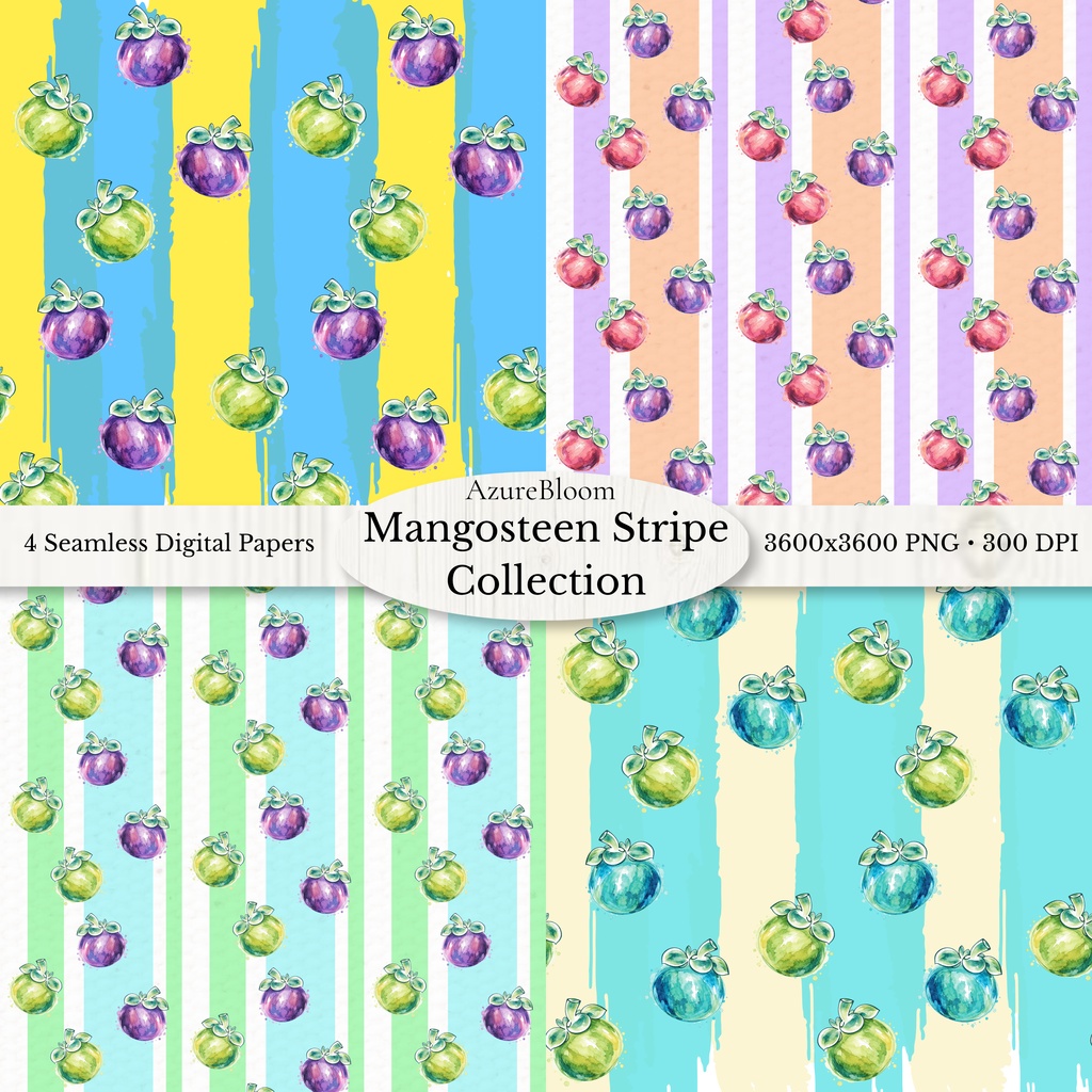Mangosteen Stripe Collection　水彩デジタルペーパー 4データセット(3600px・PNG) 