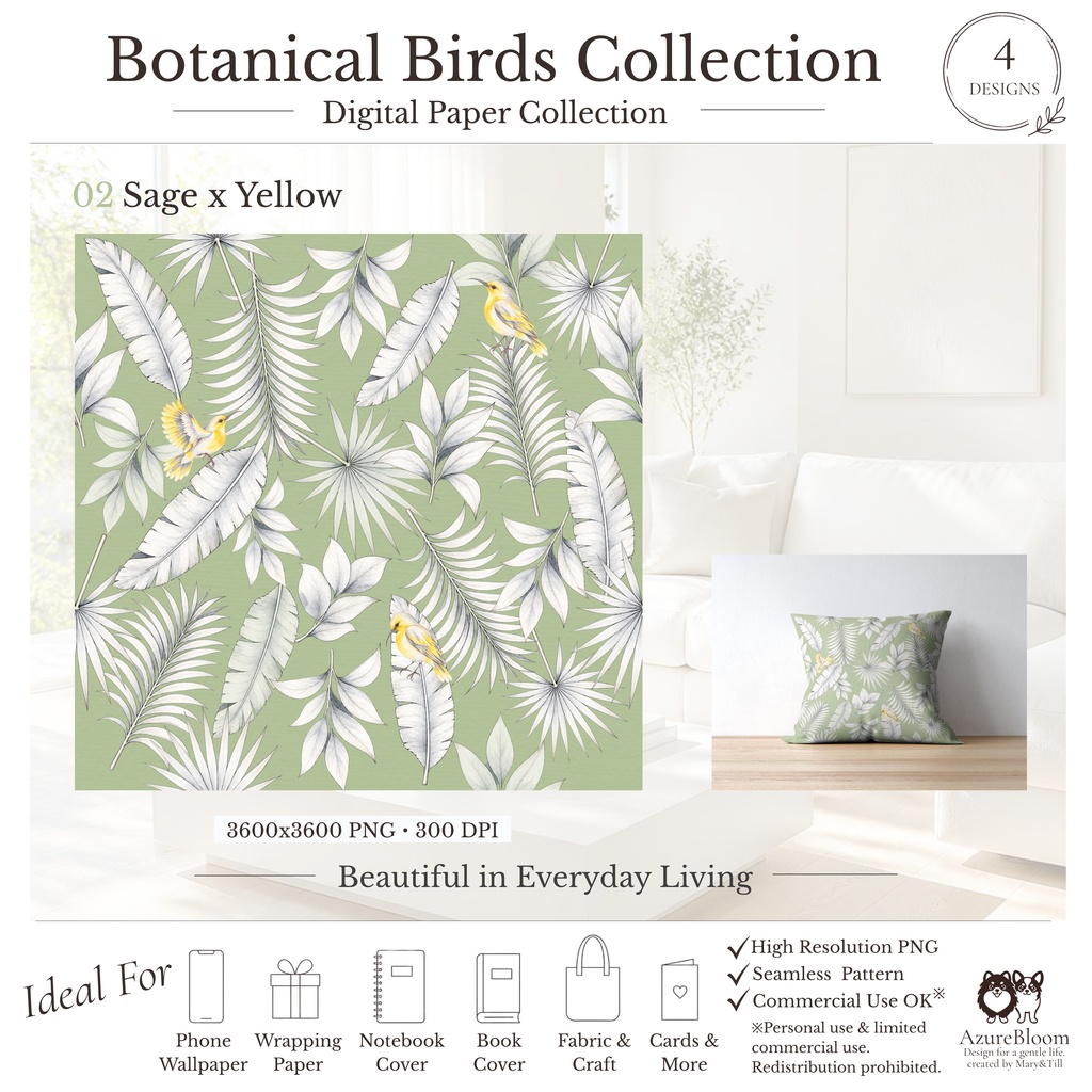 Botanical Birds Collection 水彩デジタルペーパー 4データセット(3600px・PNG)