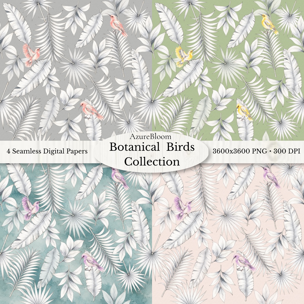 Botanical Birds Collection　水彩デジタルペーパー 4データセット(3600px・PNG)