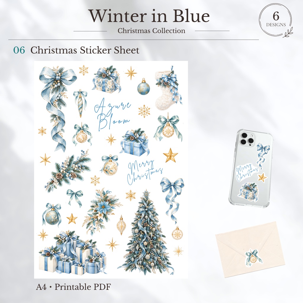 Winter in Blue Christmas Collection 水彩デジタルペーパー 6データセット(2PNG/4PDF)