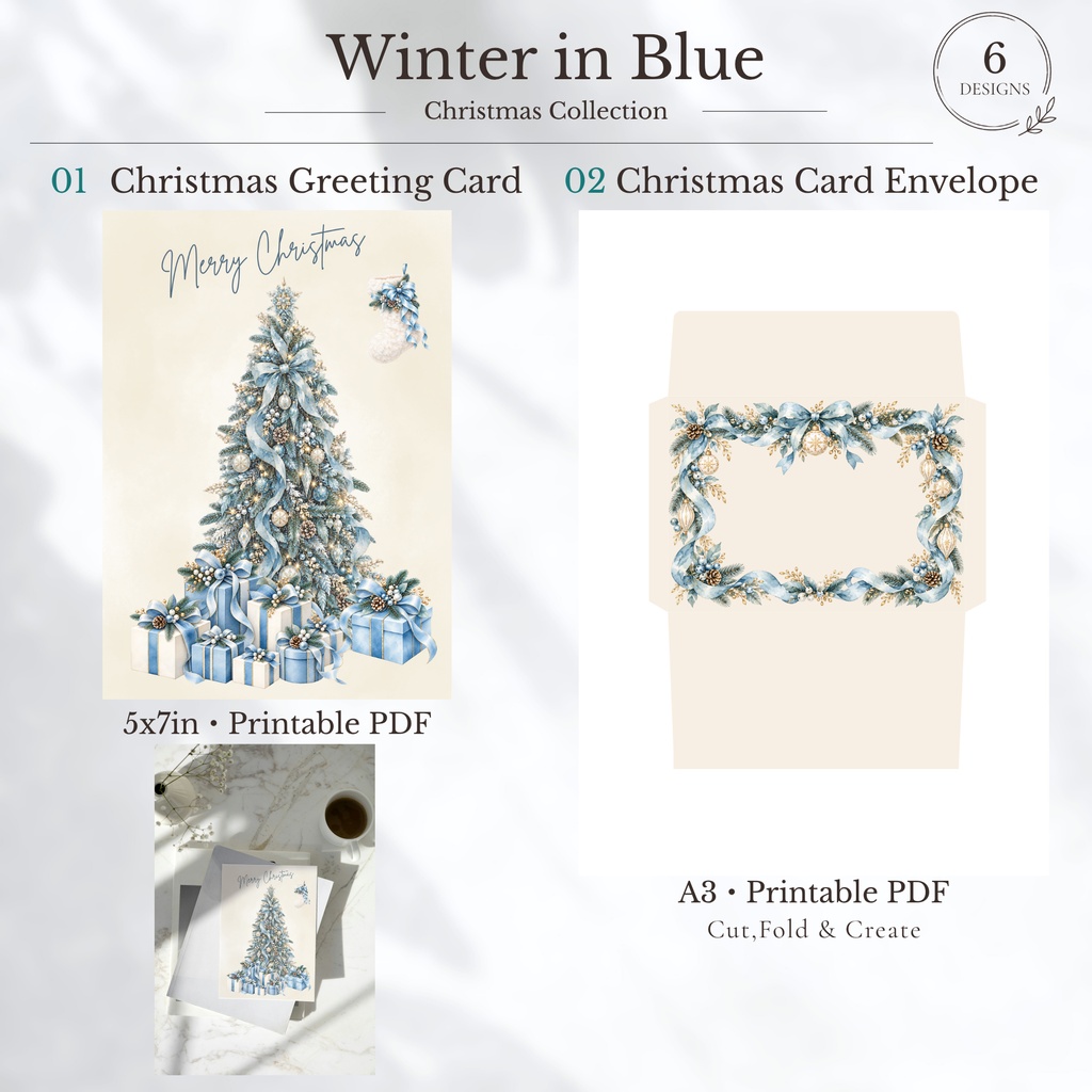 Winter in Blue Christmas Collection 水彩デジタルペーパー 6データセット(2PNG/4PDF)