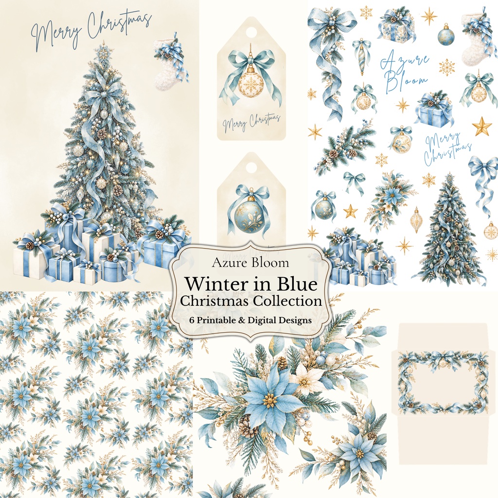 Winter in Blue Christmas Collection 水彩デジタルペーパー 6データセット(2PNG/4PDF)