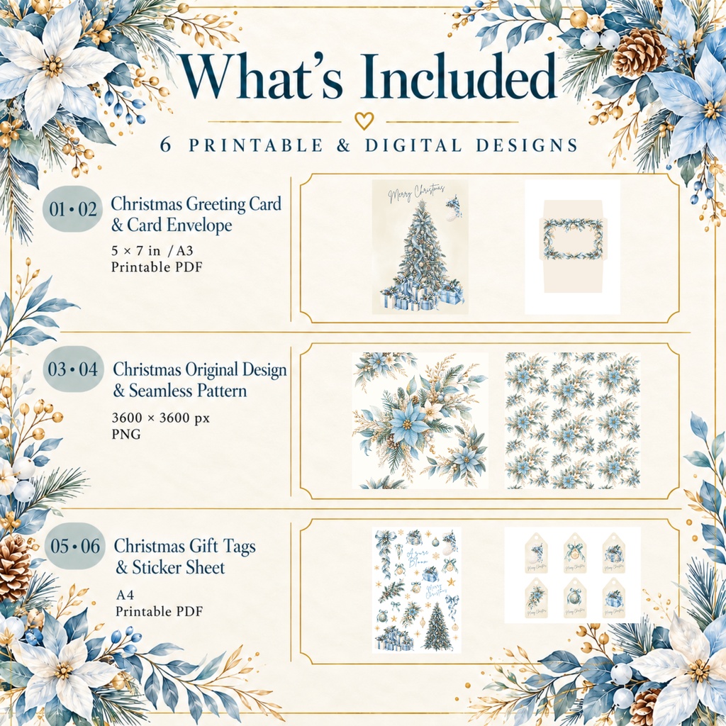 Winter in Blue Christmas Collection 水彩デジタルペーパー 6データセット(2PNG/4PDF)
