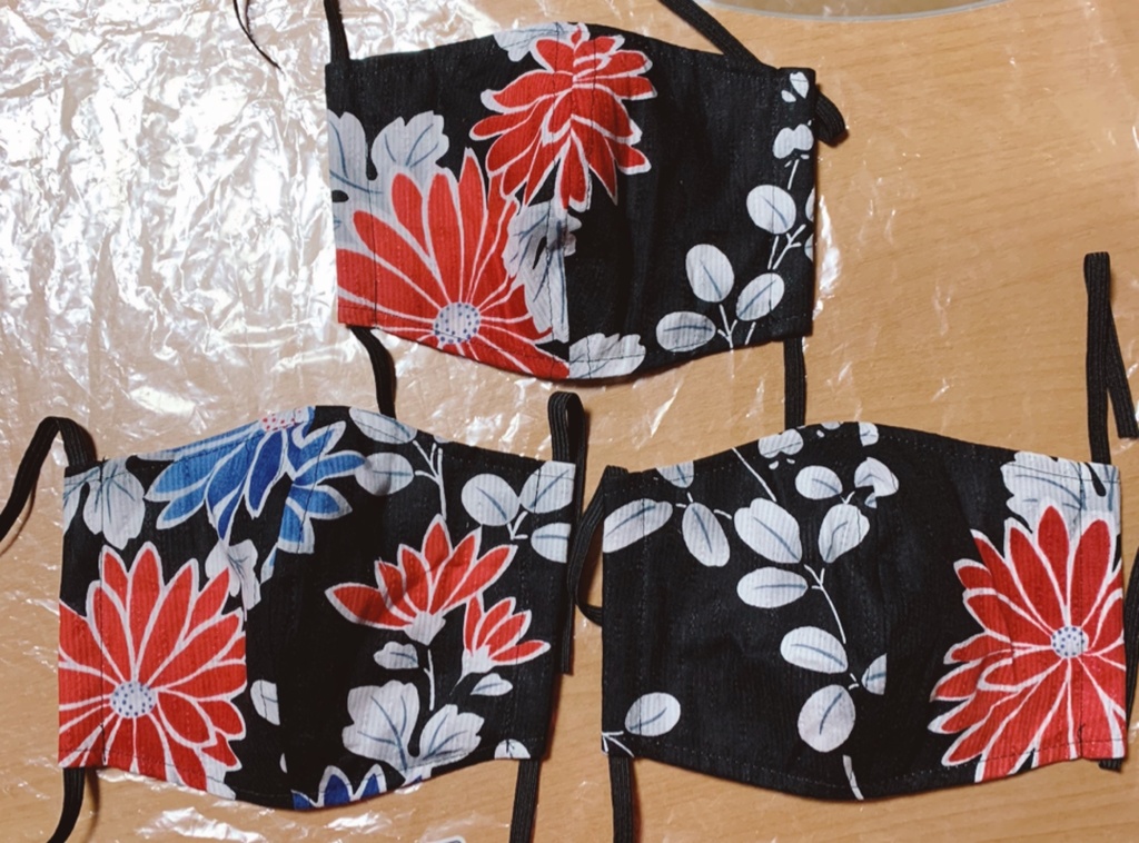 立体布マスク(黒×花  和)