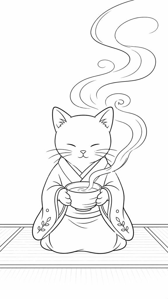 【無料/Free】和モダン猫ちゃん 癒やしの塗り絵（線画＆お手本付）	•	[Free] Japanese Modern Cat: Healing Coloring Page (Line Art & Sample Included)