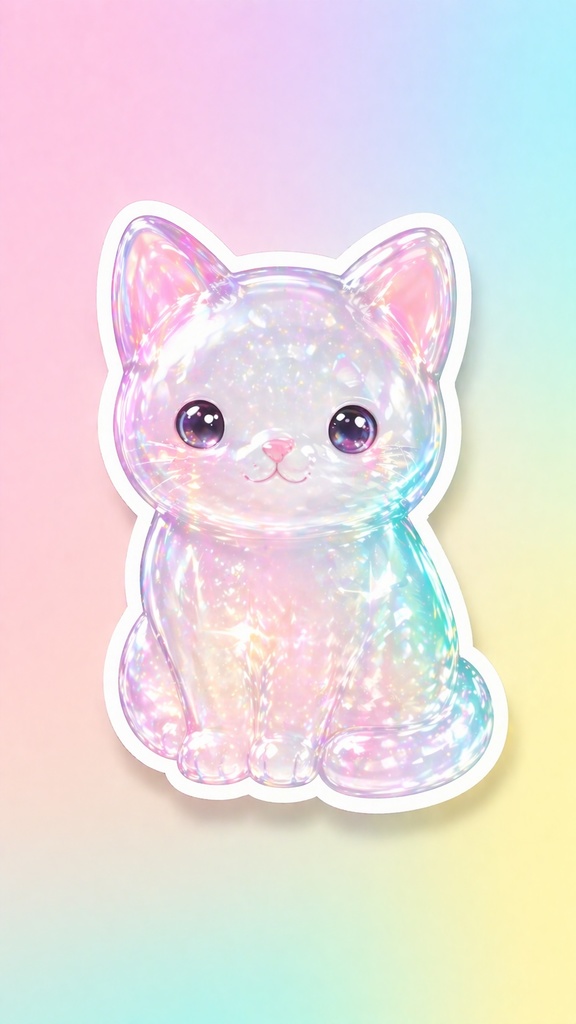 きらめくボンボンドロップ猫シール｜ホログラム風キラキラデジタルステッカー｜スマホ・配信・SNS素材 Bonbon Drop Hologram Cat Sticker – Kawaii Sparkle Digital Sticker (PNG)