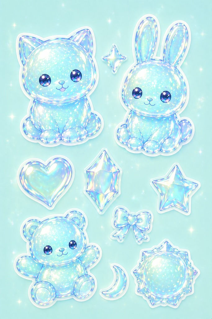 ボンボンドロップ｜ミントブルーver｜癒し系ホログラムデジタルステッカー5点セット｜透過PNG素材