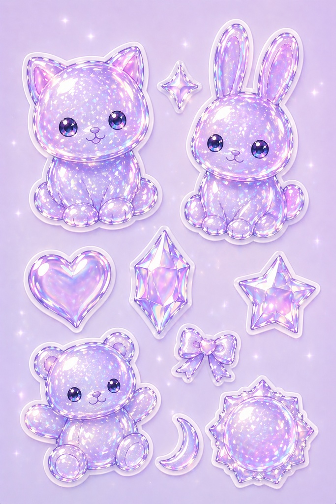 ボンボンドロップ｜ラベンダーver｜大人かわいいホログラムデジタルステッカー5点セット｜透過PNG素材