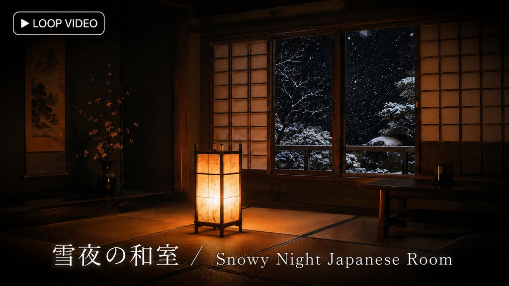 【動く配信背景】雪夜の和室 ─ 行灯のゆらめき【歌枠・雑談枠向け／mp4ループ動画＋壁紙JPGセット】