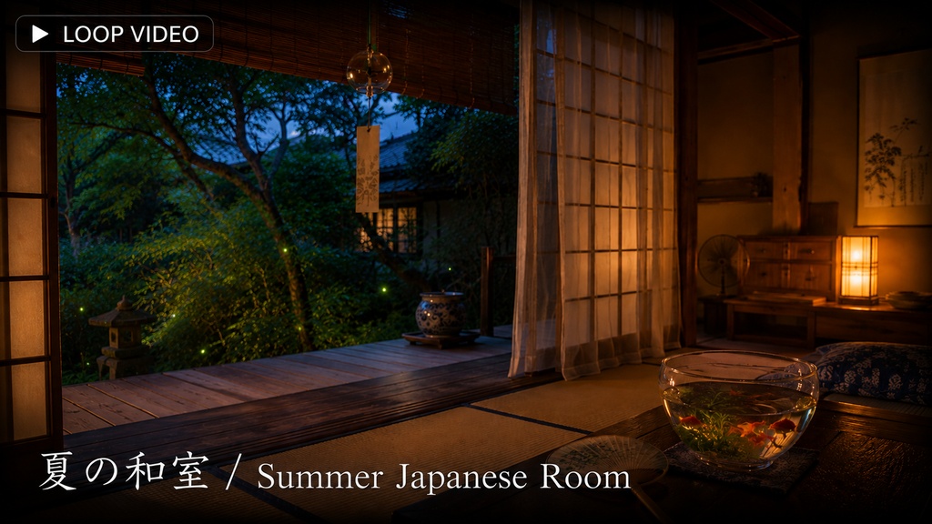 【動く配信背景】夏の和室 ─ 風鈴と蛍の夕暮れ【歌枠・雑談枠向け／mp4ループ動画＋壁紙JPGセット】