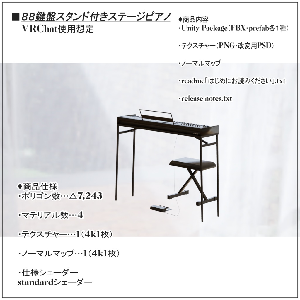 88鍵盤スタンド付きステージピアノ/StagePiano88「VRChat使用想定」ver1.0.0_UV配置参考画像追加版