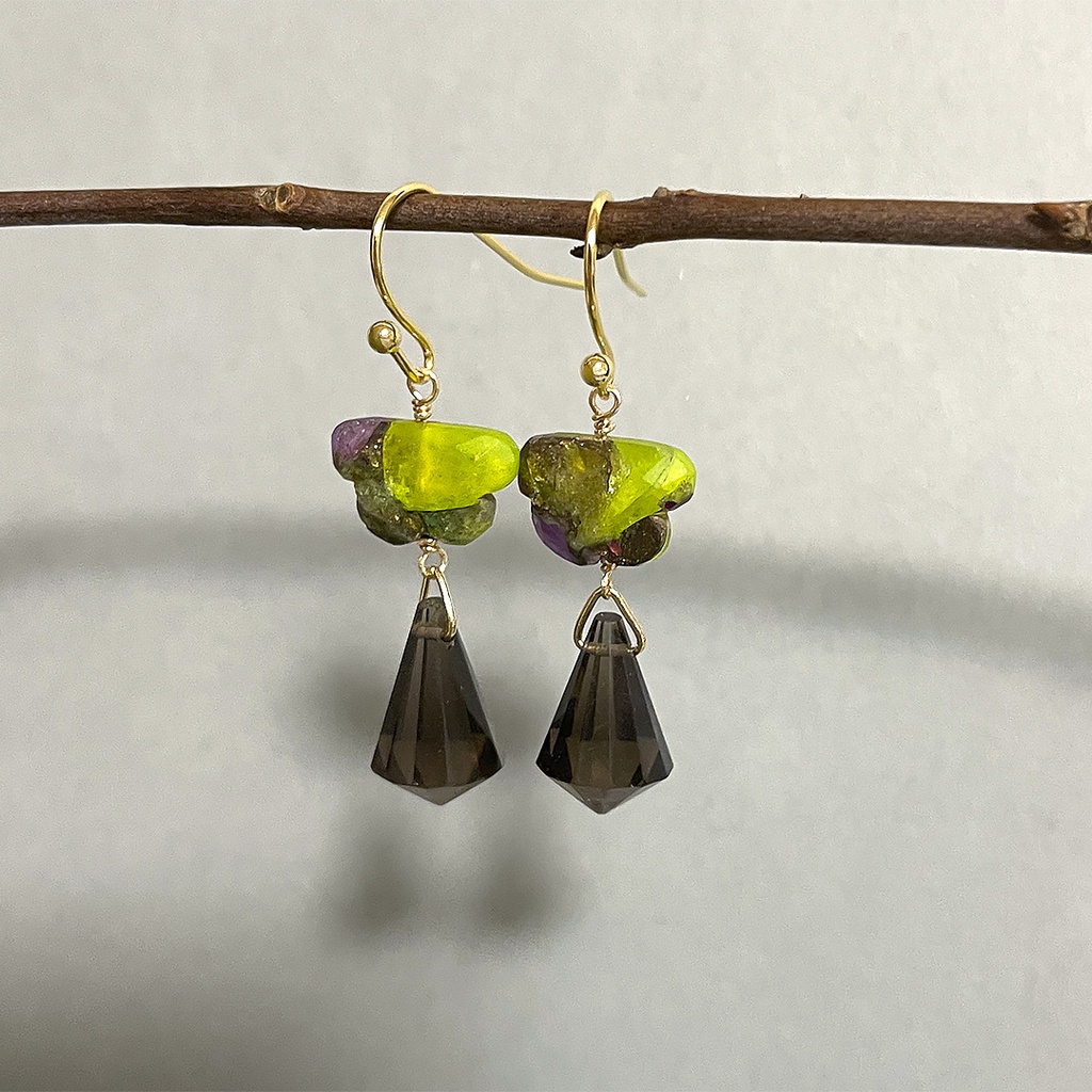 コッパーとスモーキクオーツのピアス