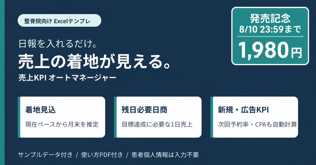 【Excel】整骨院・接骨院 KPI管理テンプレート|売上着地・次回予約率・広告CPAを自動集計