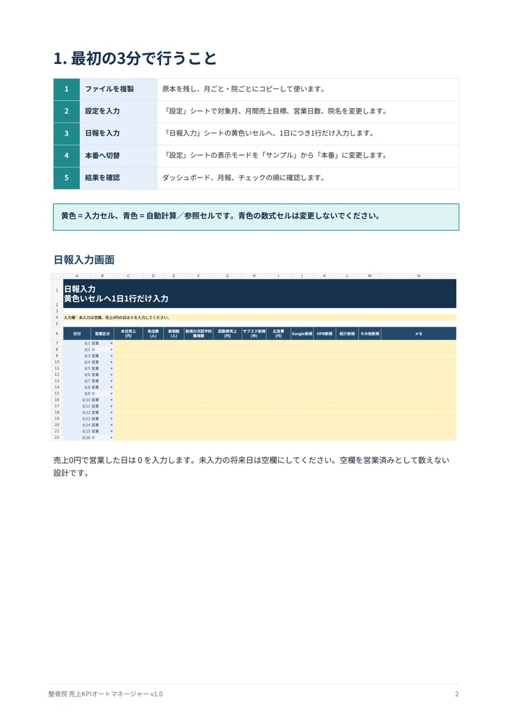 【Excel】整骨院・接骨院 KPI管理テンプレート|売上着地・次回予約率・広告CPAを自動集計