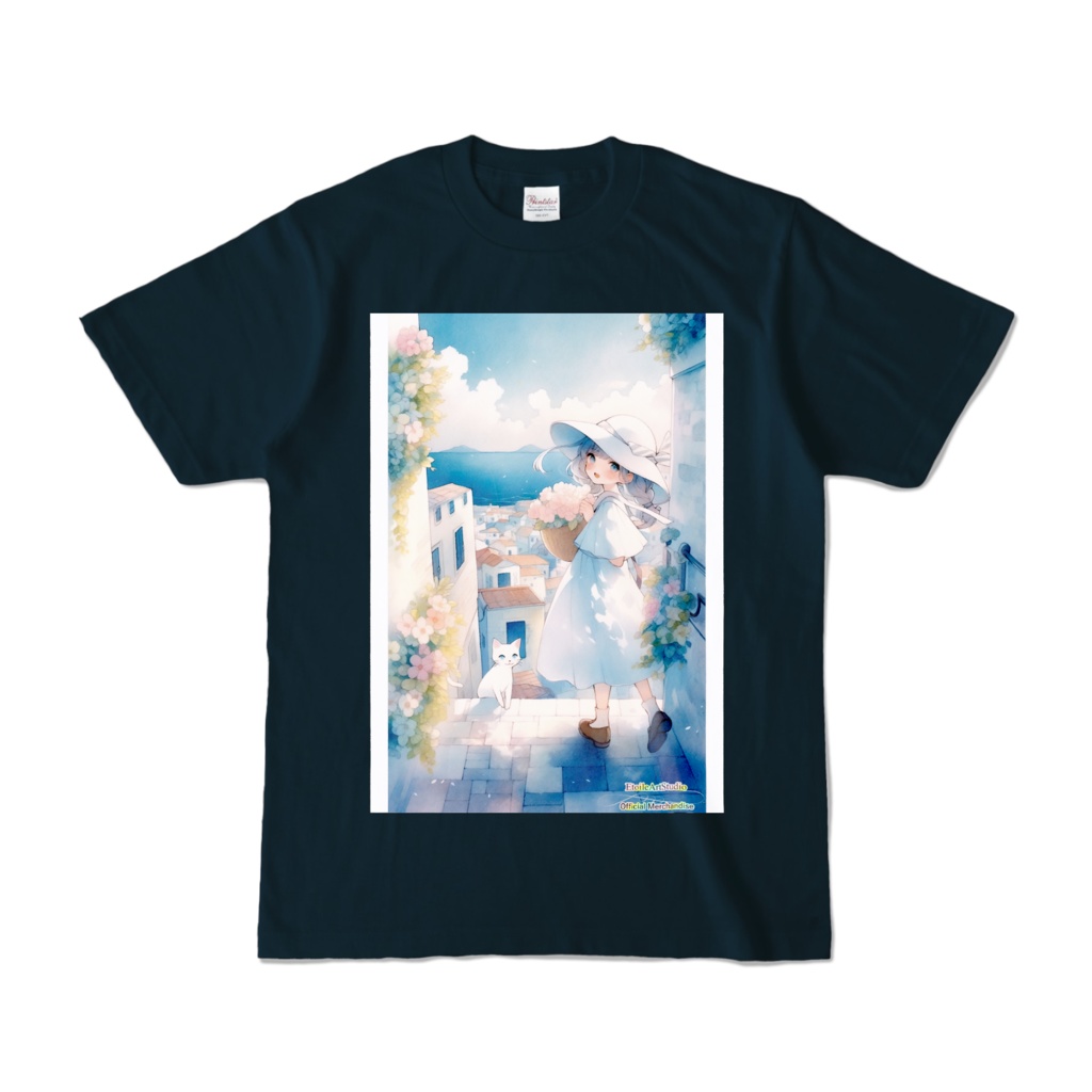 「海辺の町で」カラーTシャツ(ターコイズ・ネイビー、各 枠有り・枠無しデザイン)