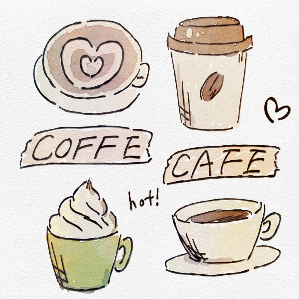【水彩イラスト】　コーヒー・カフェ　飲み物　セット　【素材】