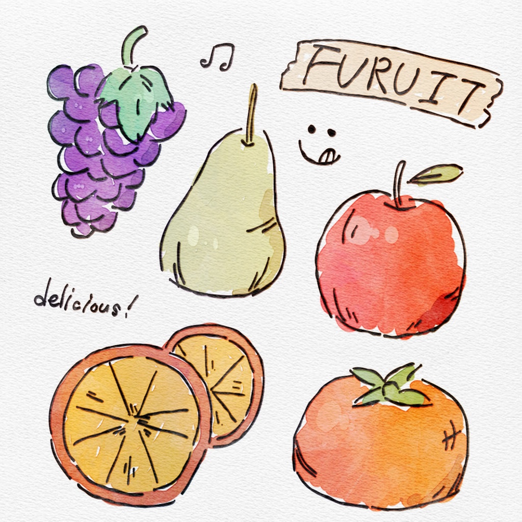 【水彩イラスト】　秋のフルーツ・果物　【素材】りんご、ぶどう、柿、梨、オレンジ