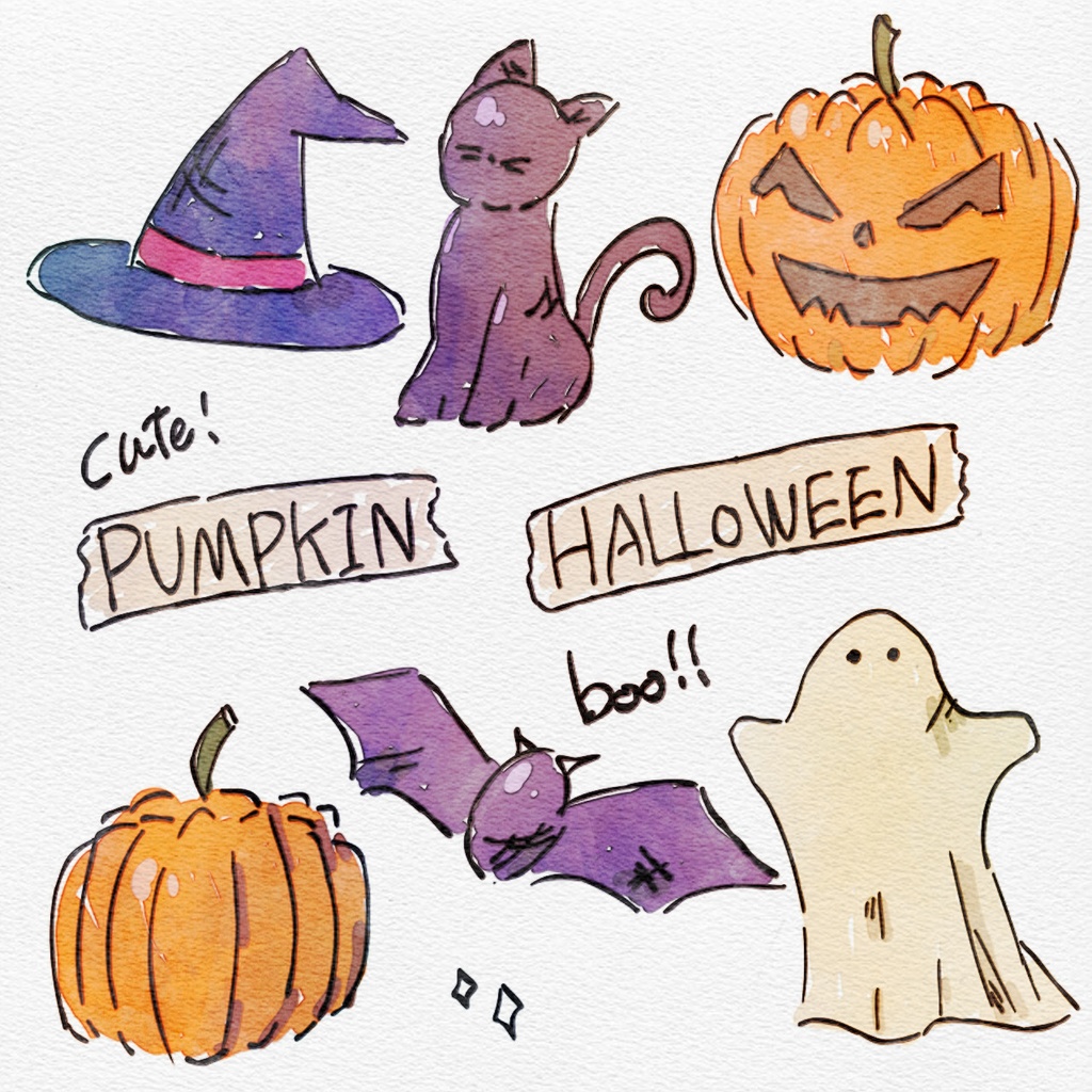 【水彩イラスト】　ハロウィン　セット　【素材】