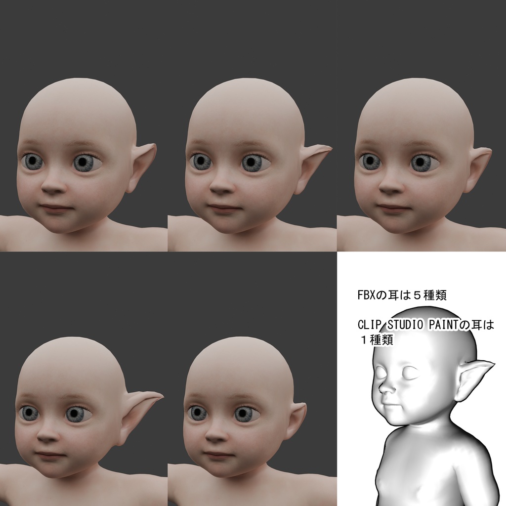 表情まで動かせるリアルな赤ちゃんエルフ 3Dキャラ素材(FBX対応)転生漫画・ファンタジーシーンに最適!【CLIP STUDIO PAINTで使えるおまけつき】