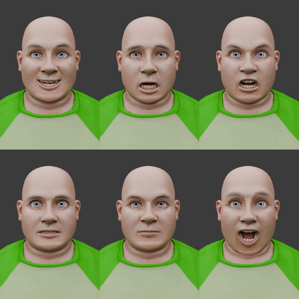 表情まで動かせるリアルな中年男性 3Dキャラ素材(FBX対応)ぽっちゃり体型・モブ表現に最適!【CLIP STUDIO PAINTで使えるおまけつき】