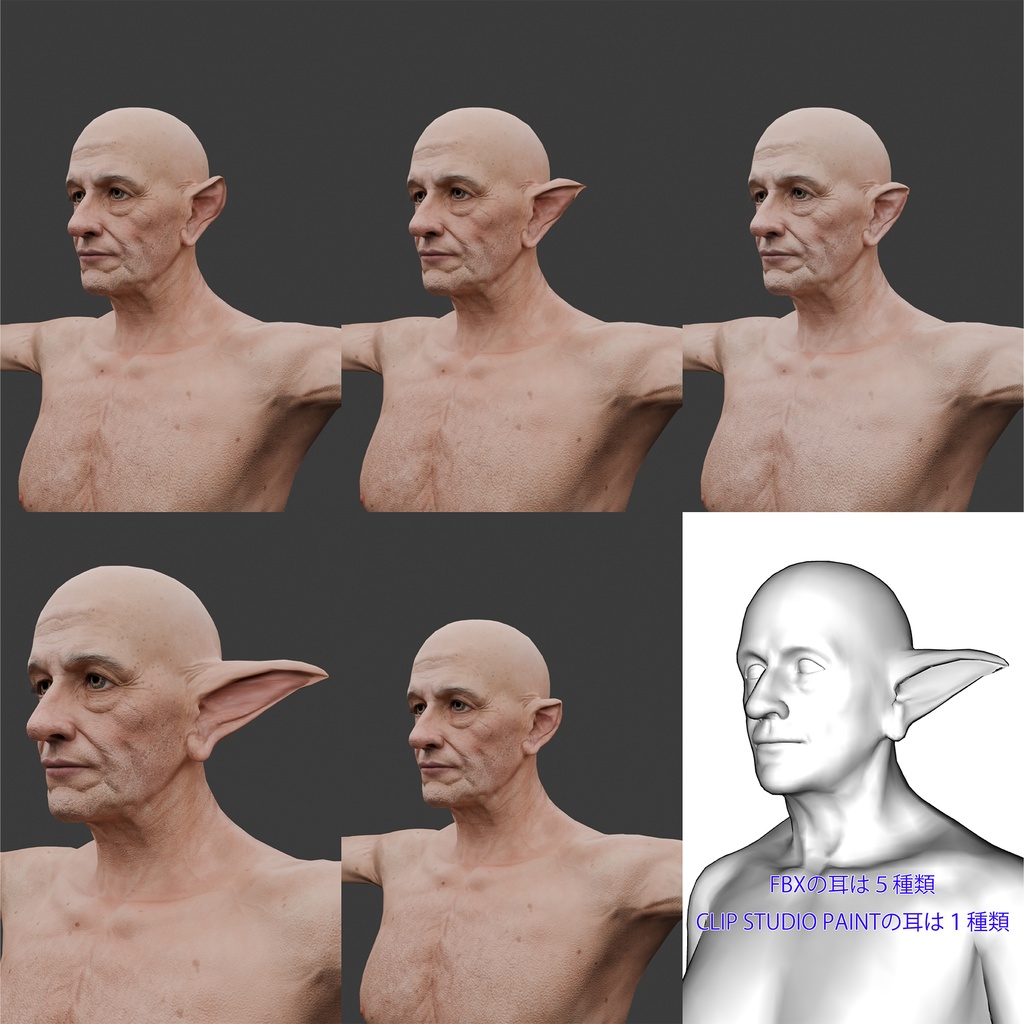 表情まで動かせるリアルなおじいちゃんエルフ 3Dキャラ素材(FBX対応) 森の賢者・異世界モブに最適!【CLIP STUDIO PAINTで使えるおまけつき】