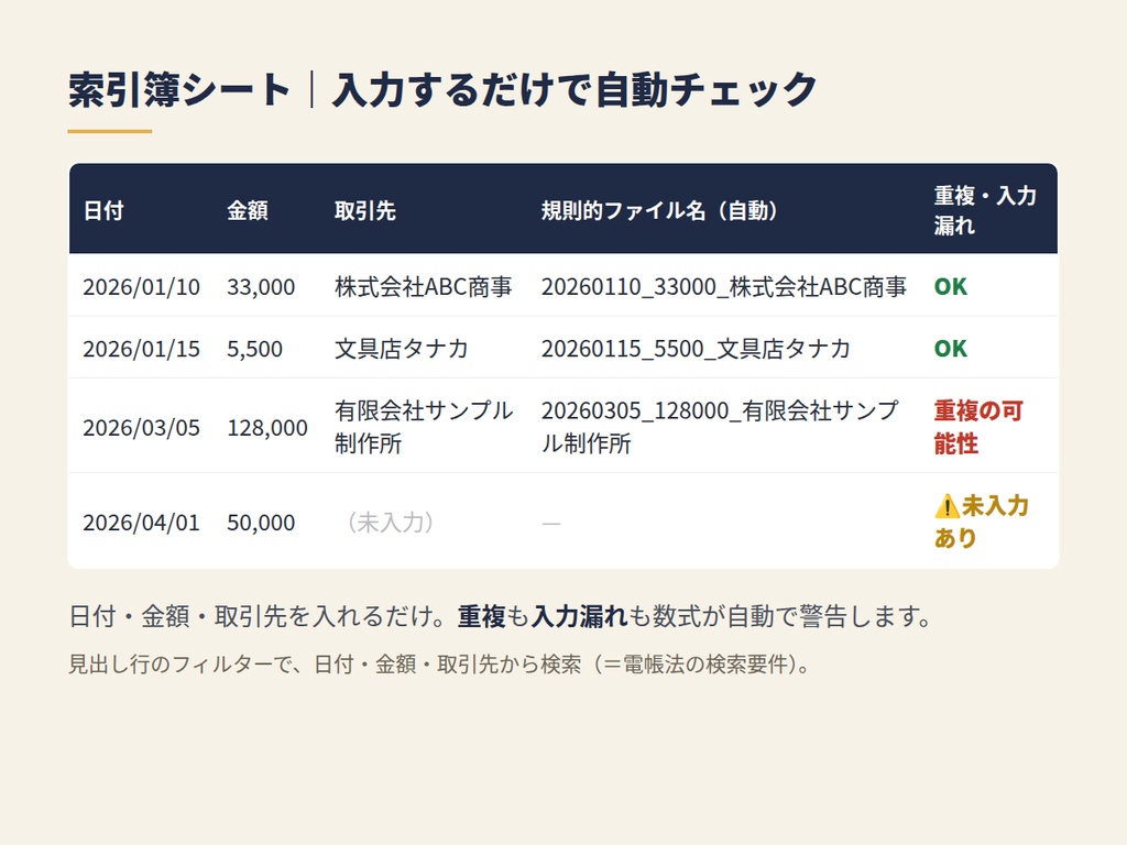 「電子帳簿保存法、結局何をすればいいの?」を終わらせる|自動ファイル名・重複/入力漏れチェック・事務処理規程ひな形つき(Excel/スプレッドシート)